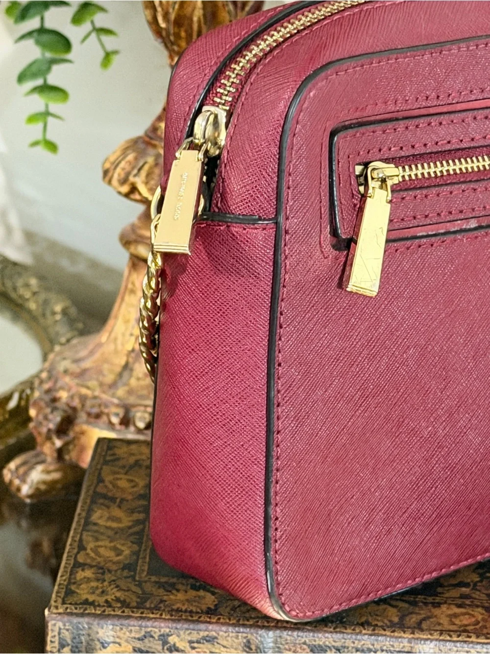 Michael Kors Large EW Saffiano Leather Crossbody Bag Cherry Red Gold Chain
